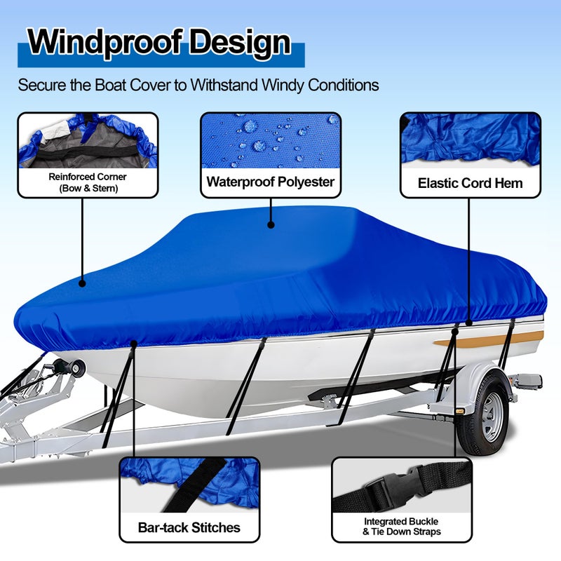 iCOVER Trailerable Boat Cover- 17'-19' Heavy Duty Waterproof Tarp Covers with Storage Bag, Fits V-Hull, Fish&Ski, Pro-Style, Fishing, Runabout, Bass Boats, up to 17ft-19ft Long X 96" Wide - Image 2